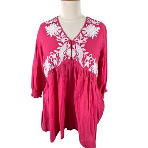 Utsa by Westside Women Large Fuschia Floral Embroidered Boho Peasant Blouse Tops